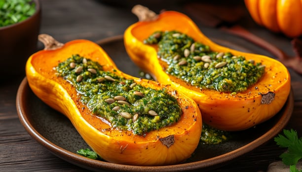 Spicy butternut squash and pumpkin healthy real food with garnish dark plate photo