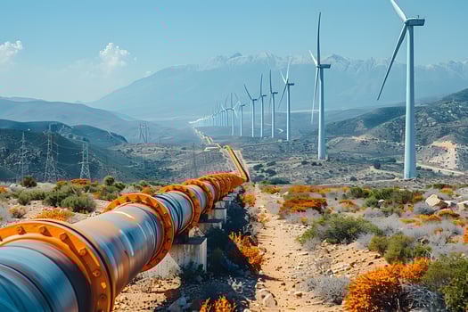 Sustainable Energy Infrastructure Wind Turbines and Pipelines in Arid Landscape photo