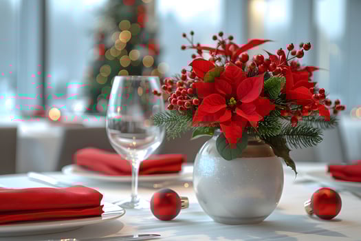 Elegant Christmas Table Setting with Red Flowers and Festive Decorations for Holiday Celebrations photo