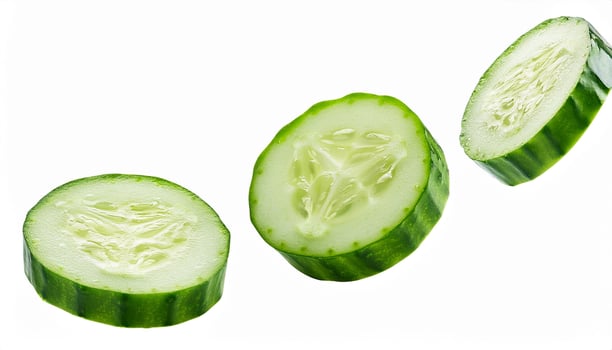 Falling green cucumber slice isolated on white background, full depth of field. photo
