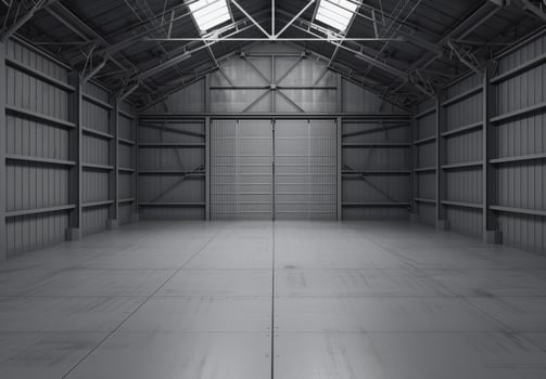 Warehouse hangar, industrial garage. Storage room, modern factory building. Metal storehouse with copyspace. Empty industry interior, steel background photo
