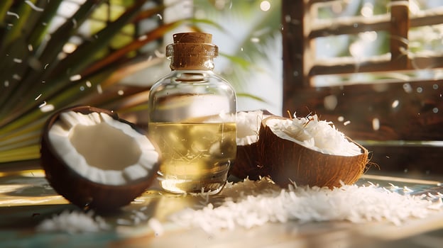 organic coconut oil container displayed on rustic table with fresh coconut pieces and shavings for cooking and beauty purposes photo