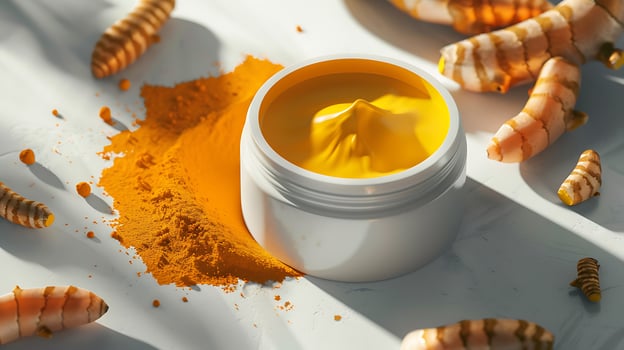natural turmeric face cream container with turmeric roots on a clean white background. photo