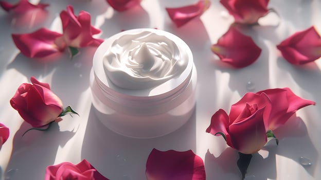 luxurious rose face cream in a stylish container, surrounded by delicate rose petals on a pristine white surface photo