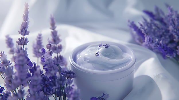 lavender face mask set with fresh lavender sprigs on white background natural skincare and beauty product concept photo