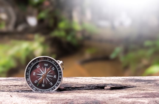 Close up compass with nature as background. The concept of world tourism day, Searching the right directions and Travel photo