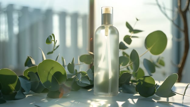 eucalyptus facial toner bottle with fresh leaves on a wooden table photo