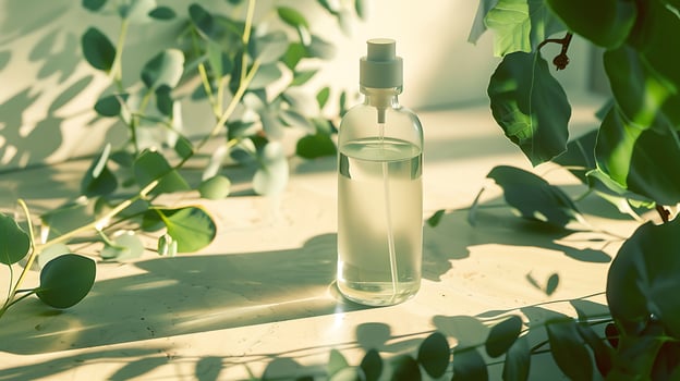 eucalyptus facial toner bottle with fresh leaves on a wooden table. photo