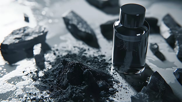 activated charcoal facial toner container arranged on a wooden table with chunks of activated charcoal. photo