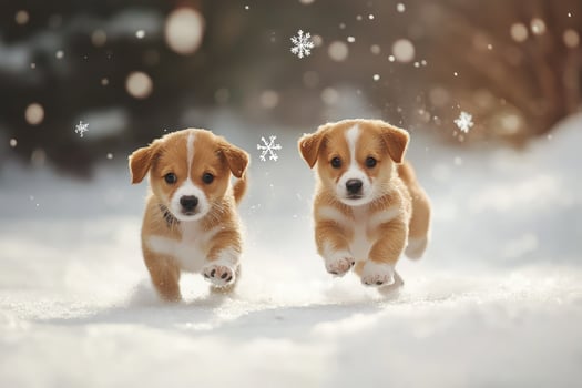 Two puppies running in the snow photo