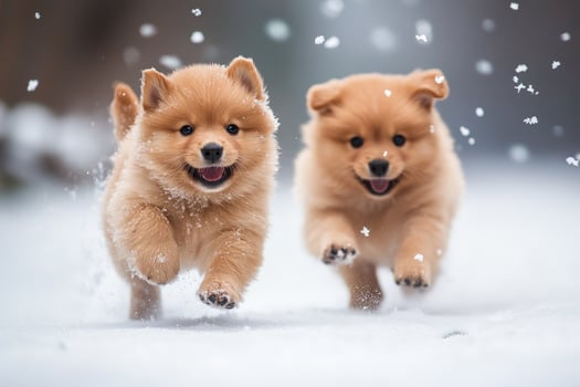Two brown puppies running in the snow photo