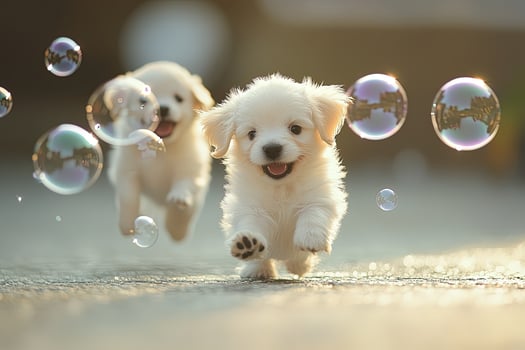 two white puppies running through bubbles photo