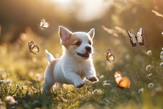 a puppy running through a field with butterflies photo