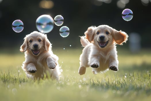 Two golden retrievers running through a field with bubbles photo