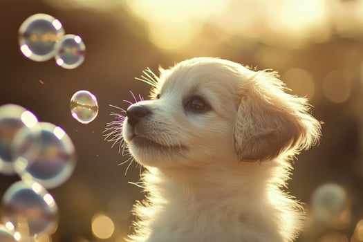 a puppy is blowing bubbles in the air photo