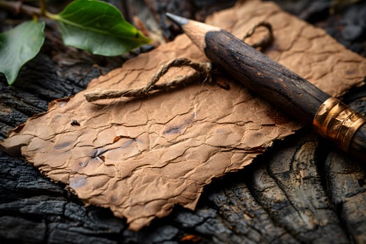 Rustic Blank Parchment Paper and Wooden Fountain Pen on Weathered Wood Texture Background Vintage Writing Concept photo