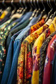 Colorful vintage shirts hang neatly in a thrift shop, promoting sustainability photo