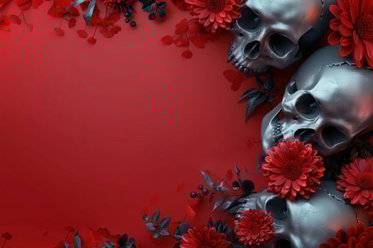 halloween composition top view template border frame with human skulls and flowers on red background with copy space photo