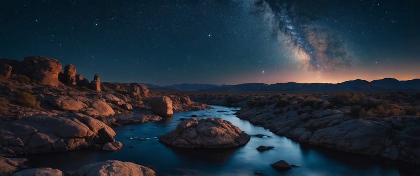 Mystical landscape with glowing rocks and river under starry night sky. photo