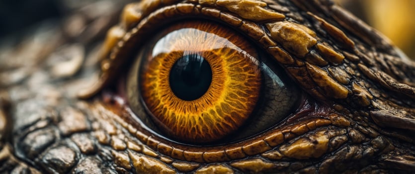 An close up of a dragon's eye with a dark brown iris and a yellow pupil. photo
