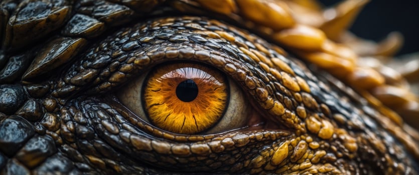 An close up of a dragon's eye with a dark brown iris and a yellow pupil. photo