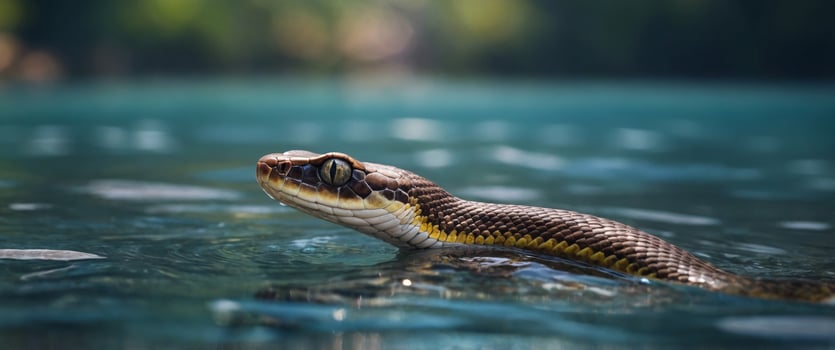 A snake with a small pyramid on its head is swimming in a body of water. photo