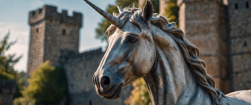 Majestic Unicorn in Front of Medieval Stone Castle. photo