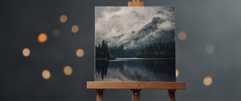 Artistic easel with framed picture on gray background tripod mounted info frame. photo