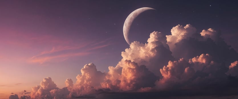 shining moon in mauve pastel pink orange clouds sky. photo