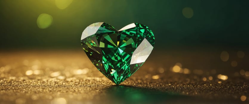 Green heart shaped diamond on yellow background and copy space on a side. photo