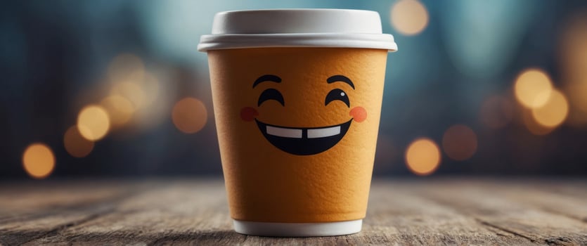 Cheerful coffee cup character with a cute smile. photo