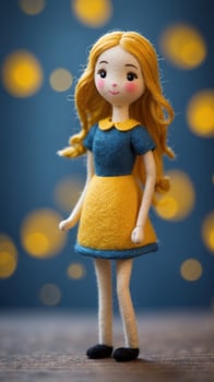 Cute felt doll with yellow dress on blue background. photo
