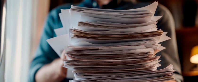 A person grips a large stack of papers while standing indoors. Sunlight filters through a nearby window, creating a warm atmosphere in the room photo