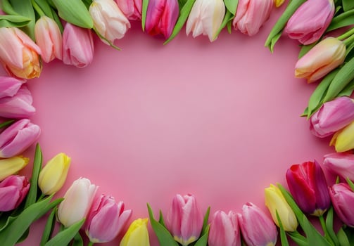 Colorful tulips arranged in a heart shape on a pink background for a cheerful spring celebration photo