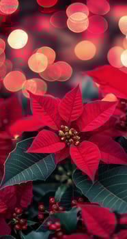 Bright red poinsettia surrounded by festive decorations during the holiday season photo