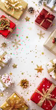 Wrapped Christmas gifts arranged on a festive black background with ornaments photo