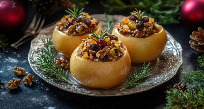 Deliciously baked apples filled with nuts and dried fruits on a dark table setting photo