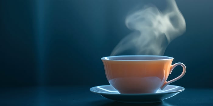 Steaming cup of coffee captured in soft morning light photo