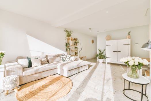 A clean and bright living room with white walls photo