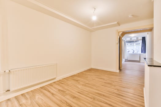A room with wooden floors and white walls photo