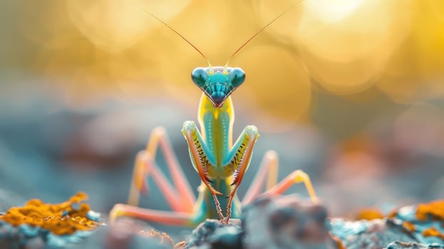 A close-up of a colorful insect with vibrant green and blue markings, surrounded by lush foliage. photo