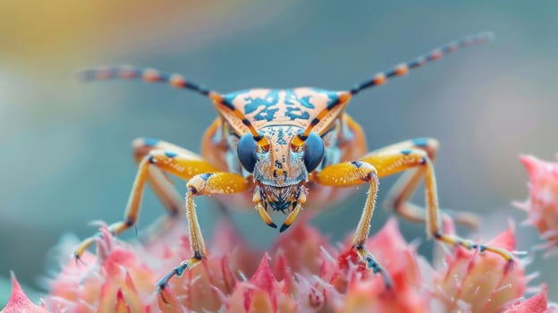 A close-up of a vibrant yellow and blue insect surrounded by magnolias. photo