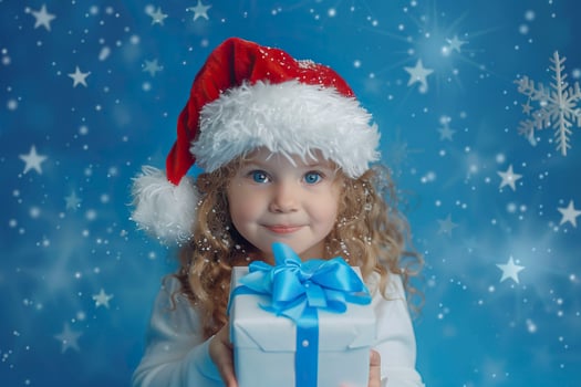 Little girl in Santa Claus hat with gift box on blue background. photo
