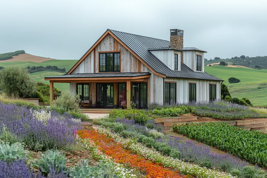 Modern wooden farmhouse with black metal roof nestled in countryside photo