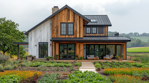 Modern wooden farmhouse with black metal roof nestled in countryside photo