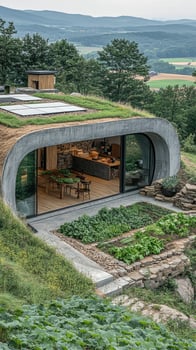Modern earthen house with green roof blending with nature photo
