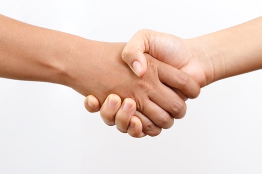 Closeup of a business hand shake between two colleagues Plaid shirt photo