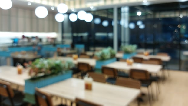 Blurry background of restaurant. Customer is waiting for food and waiters are ready to serve photo