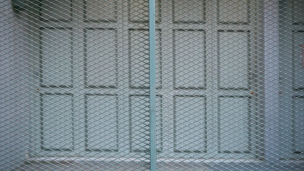 Close up of metal door with steel grating, texture background. photo