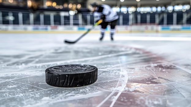 Close-up of a hockey puck on ice with player in the background. Concept of ice hockey, sports action, competition, winter sport photo